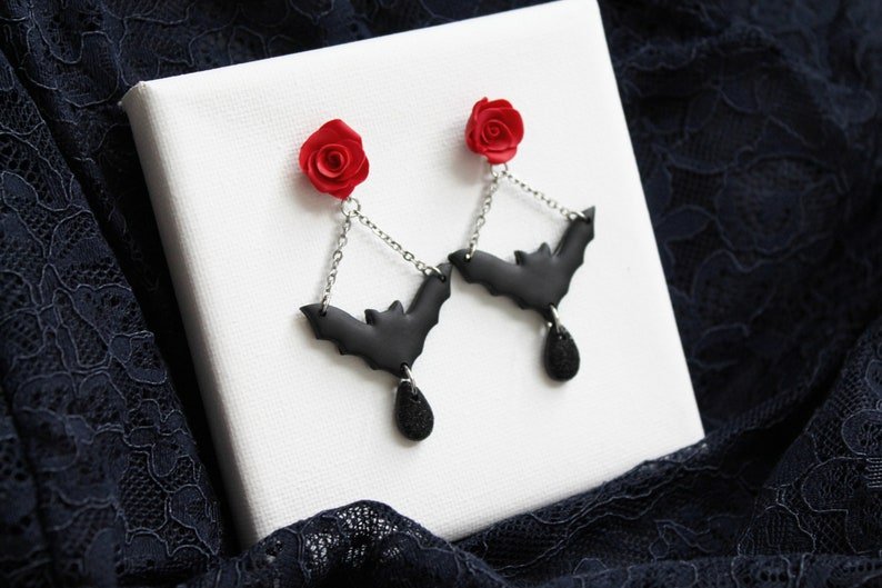 Bat and Roses Earrings, Halloween Earrings, , Polymer Clay Earrings, Gothic Jewelry - Studio Niani