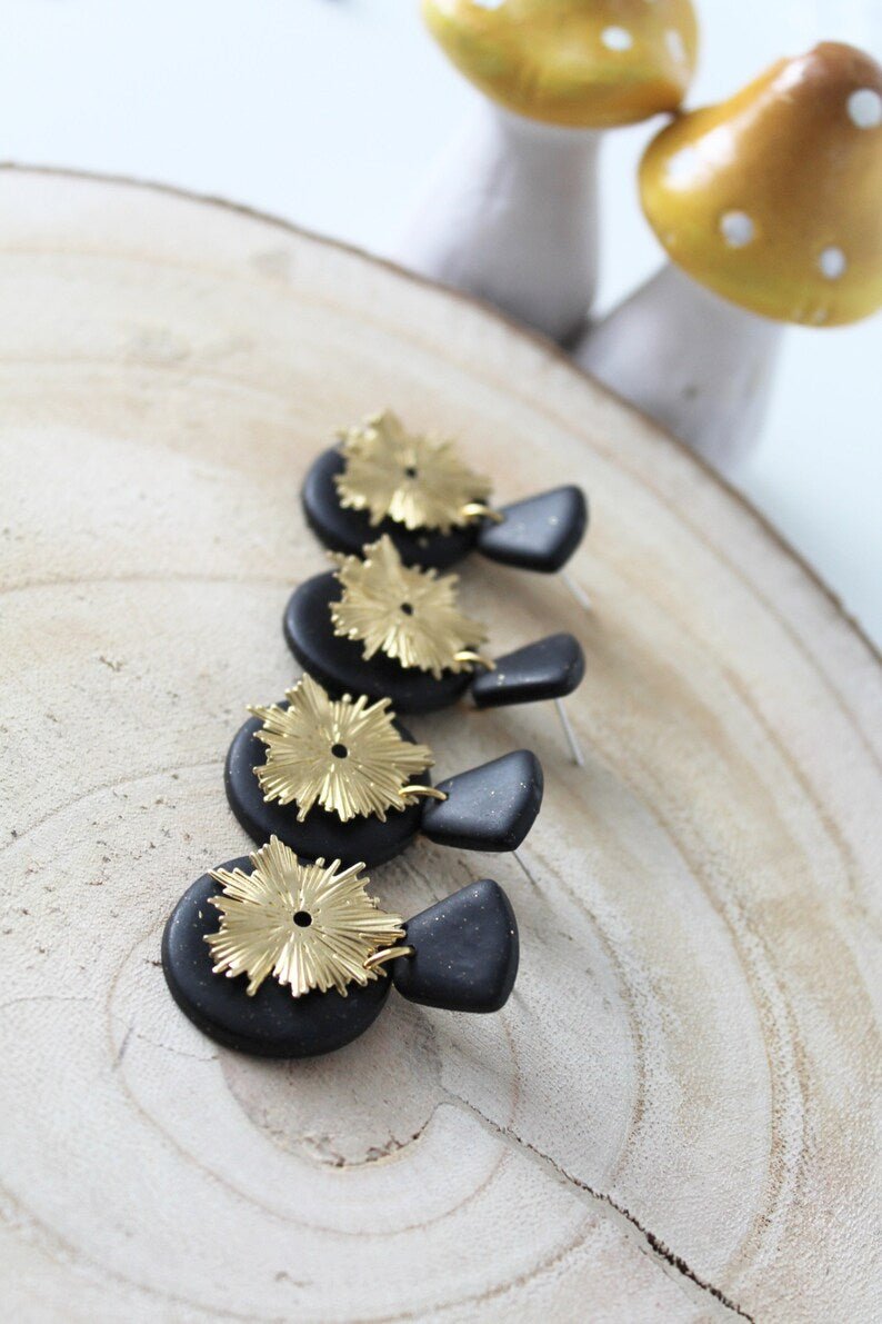 Black and Gold Earrings, Polymer Clay Earrings, Statement Earrings - Studio Niani