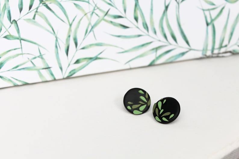 Black Stud Earrings with Green Mosaic, Polymer Clay Stud Earrings, Nature Inspired - Studio Niani