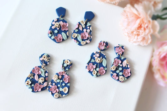 Blue Floral Earrings, Polymer Clay Earrings, Delicate Pink and Beige Flowers, Handmade - Studio Niani