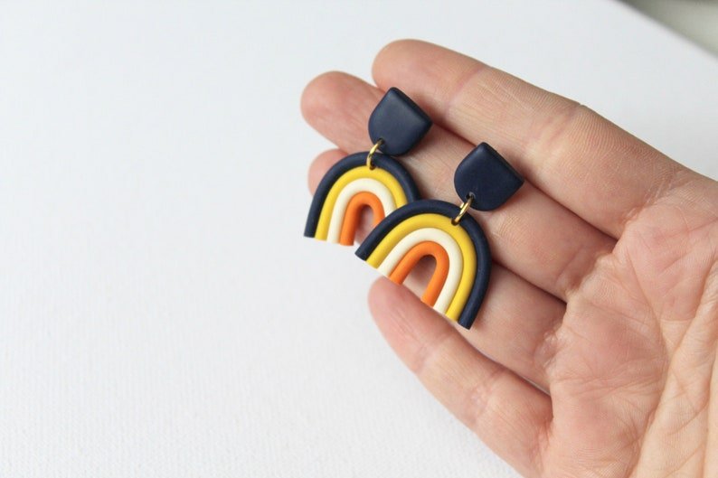 Blue Rainbow Earrings, Polymer Clay Earrings, Geometric, Minimalistic - Studio Niani