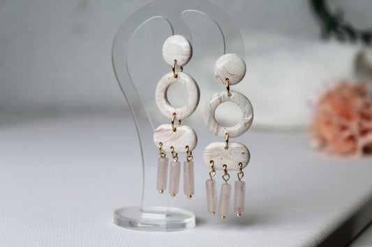 Boho Earrings, Polymer Clay Earrings, Rose Quartz, Gemstone Earrings, Quartz Earrings Dangle, Statement Earrings, Boho dangle, Gift,Handmade - Studio Niani