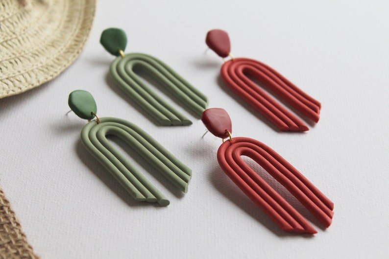 Boho Rainbow Earrings, Large Statement Arch, Polymer Clay Earrings in Olive and Terracotta color - Studio Niani