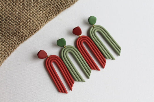 Boho Rainbow Earrings, Large Statement Arch, Polymer Clay Earrings in Olive and Terracotta color - Studio Niani
