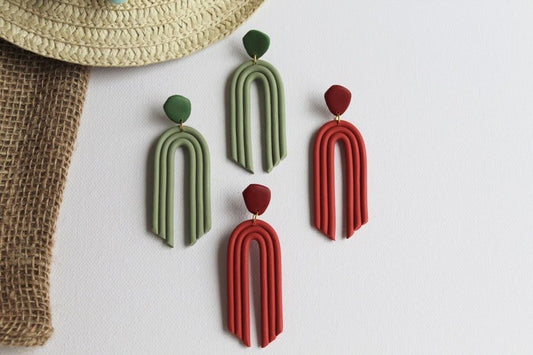 Boho Rainbow Earrings, Large Statement Arch, Polymer Clay Earrings in Olive and Terracotta color - Studio Niani