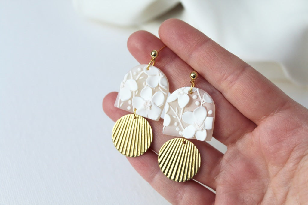 Bridal earrings, polymer clay earrings, wedding earrings, handmade earrings, statement earrings, floral jewelry, modern jewelry