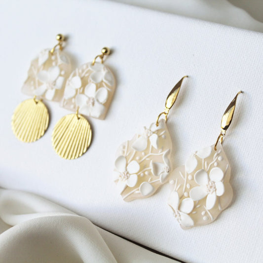 Bridal earrings, polymer clay earrings, wedding earrings, handmade earrings, statement earrings, floral jewelry, modern jewelry