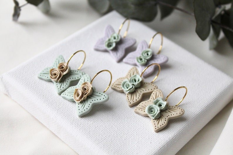 Butterfly Earrings, Polymer Clay Earrings Perfect for Spring and Summer, 18K gold plated hoops - Studio Niani
