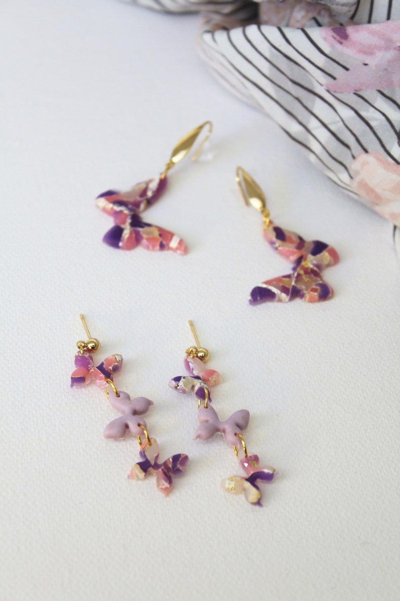 Butterfly Earrings, Polymer Clay Earrings with Stainless Steel Studs, Purple, Pink - Studio Niani