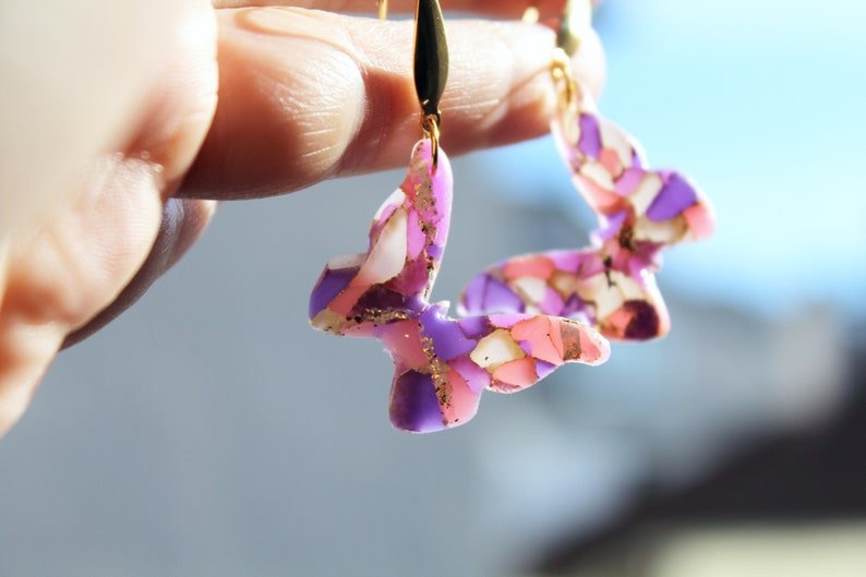 Butterfly Earrings, Polymer Clay Earrings with Stainless Steel Studs, Purple, Pink - Studio Niani