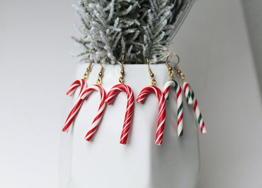Candy Cane Earrings, Christmas Polymer Clay Earrings, Miniature Food Jewelry - Studio Niani