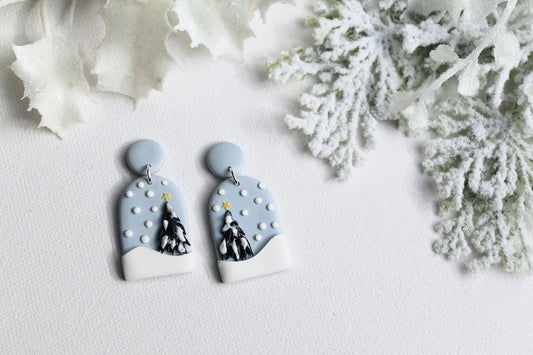 Christmas Tree Earrings, Christmas Polymer Clay Earrings, Snow and Winter Wonderland - Studio Niani