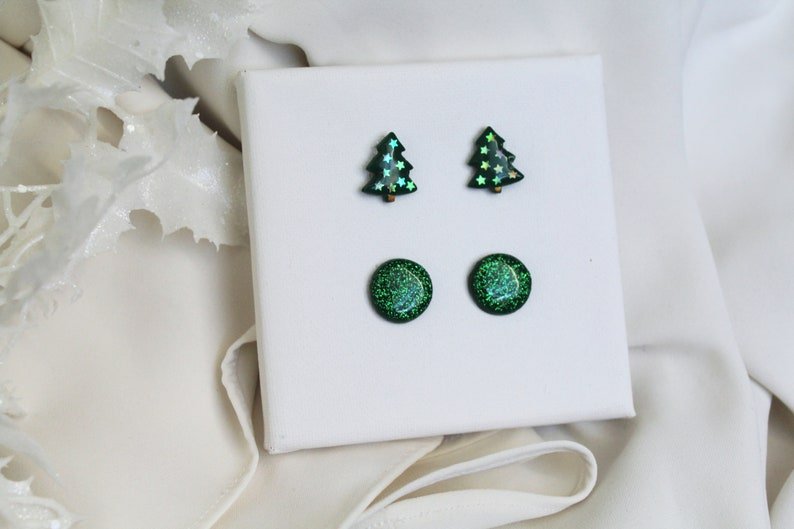 Christmas Tree Earrings, Christmas Stud Earrings, Polymer Clay Earrings, Stud Holiday Pack - Studio Niani