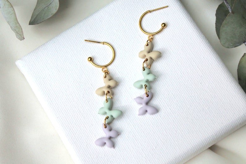 Dangle Butterfly Earrings, Cute Earrings for Spring, Polymer Clay Earrings in Beige, Light Purple and Sage green colors - Studio Niani