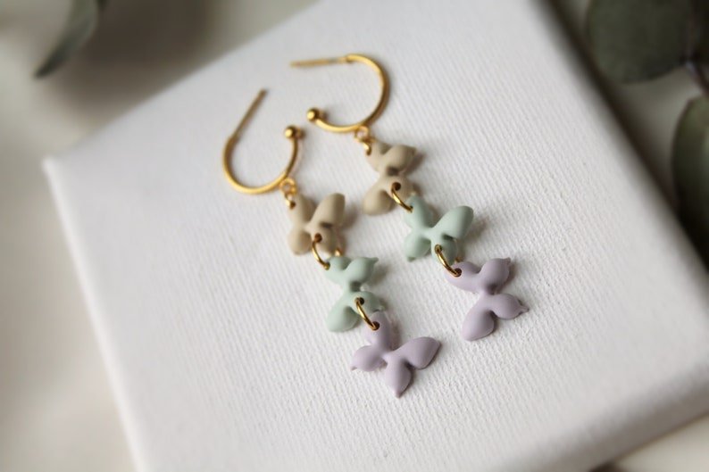 Dangle Butterfly Earrings, Cute Earrings for Spring, Polymer Clay Earrings in Beige, Light Purple and Sage green colors - Studio Niani