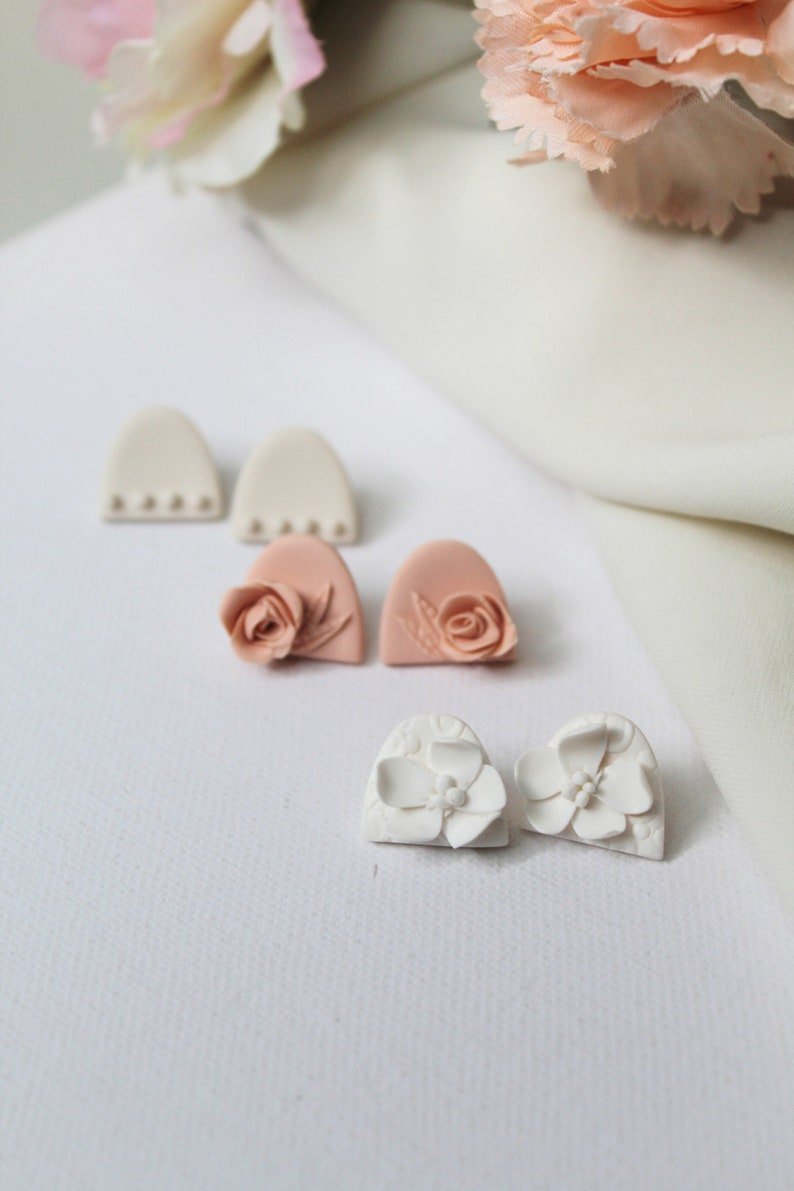 Earrings Stud Pack, Set of 3 pair of earrings, Polymer Clay Earrings, Elegant and Bridal - Studio Niani
