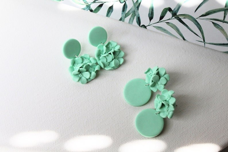 Floral Earrings, Polymer Clay Earrings, Mint Color - Studio Niani