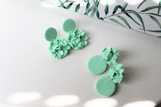 Floral Earrings, Polymer Clay Earrings, Mint Color - Studio Niani
