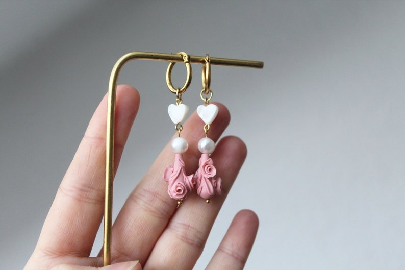 Floral Hoop Earrings, Polymer Clay Earrings, Freshwater Pearls and Shell, 18k Gold Plated Hoops - Studio Niani
