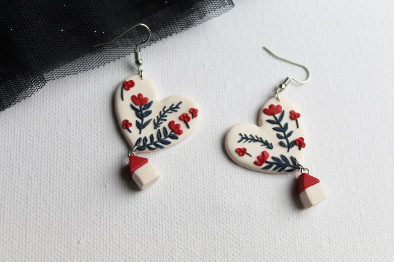 Flying House Earrings, Polymer Clay Earrings, Floral Earrings, Valentines Day Gift for Her, Heart Shape - Studio Niani