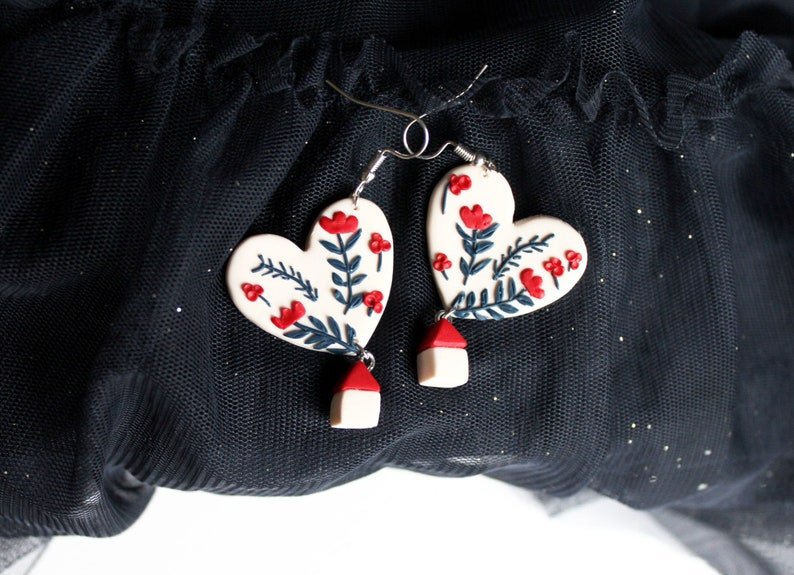 Flying House Earrings, Polymer Clay Earrings, Floral Earrings, Valentines Day Gift for Her, Heart Shape - Studio Niani