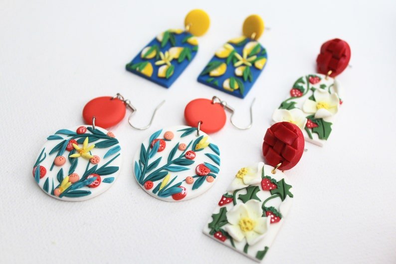 Fruit Earrings, Polymer Clay Earrings, Orange, Lemon, Strawberry, Spring Summer Earrings - Studio Niani