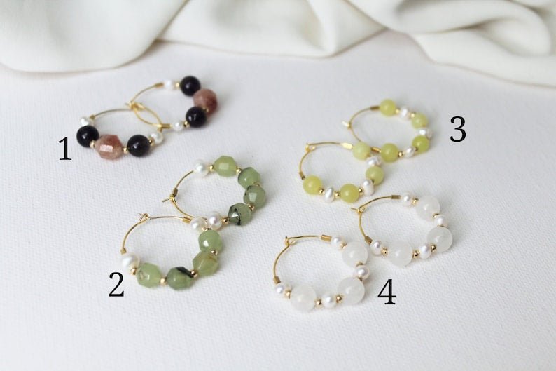 Gemstone and Pearls Hoops, 24k plated hoops, Amethyst, Sunstone, Prehnite, Jade - Studio Niani