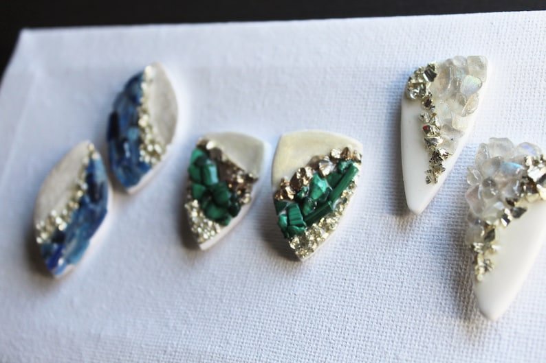 Gemstone Earrings, Stud Earrings, Malachite, Blue Kyanite, Moonstone, Geode Art on Polymer Clay - Studio Niani
