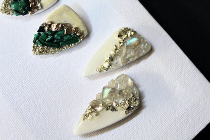 Gemstone Earrings, Stud Earrings, Malachite, Blue Kyanite, Moonstone, Geode Art on Polymer Clay - Studio Niani