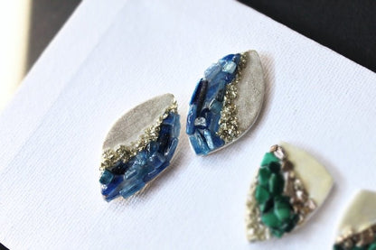 Gemstone Earrings, Stud Earrings, Malachite, Blue Kyanite, Moonstone, Geode Art on Polymer Clay - Studio Niani
