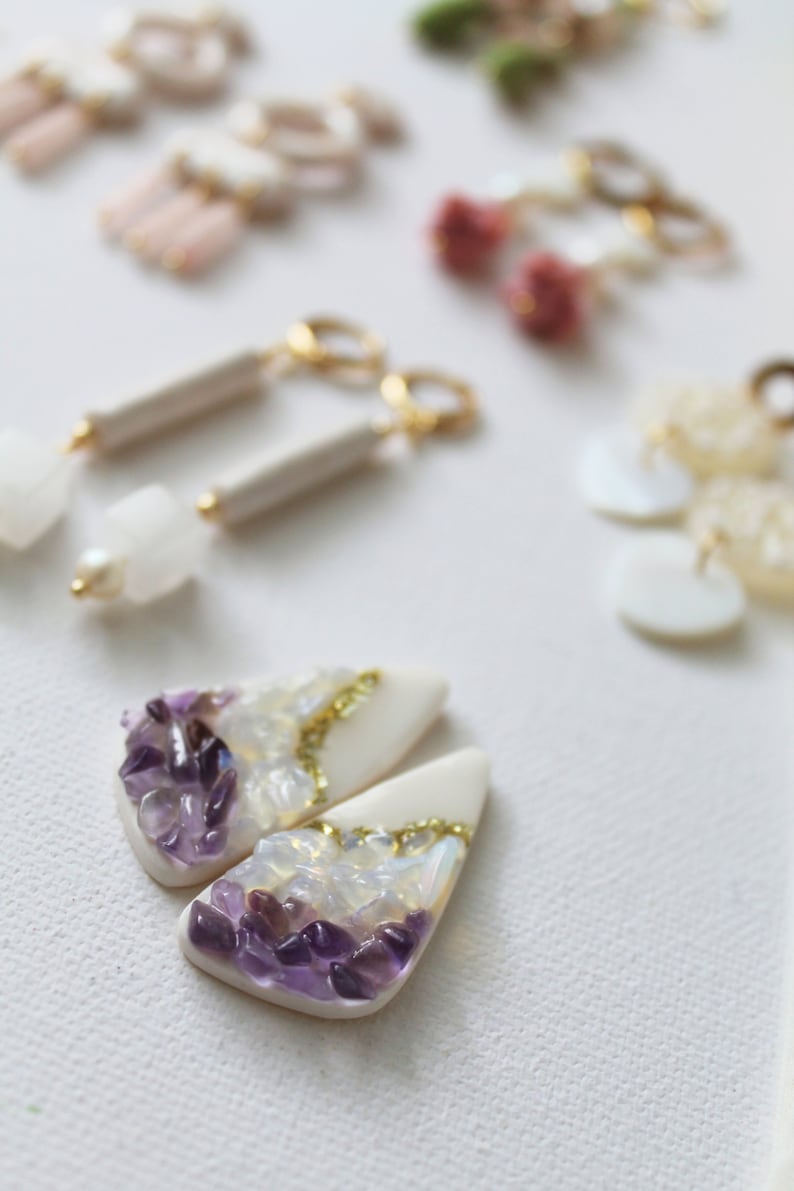Gemstone Earrings with natural Amethyst and Opalite geode art, Large Statement Studs, Polymer Clay Earrings, - Studio Niani