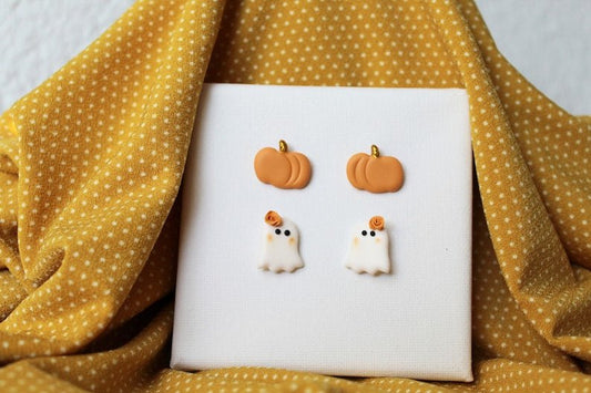 Ghost and Pumpkin Stud Earrings, Polymer Clay Stud Pack, Halloween and Autumn Earrings - Studio Niani