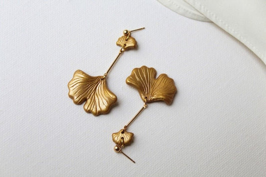 Ginkgo Earrings, Polymer Clay Earrings, Nature Lover Gift, 18K gold plated studs - Studio Niani