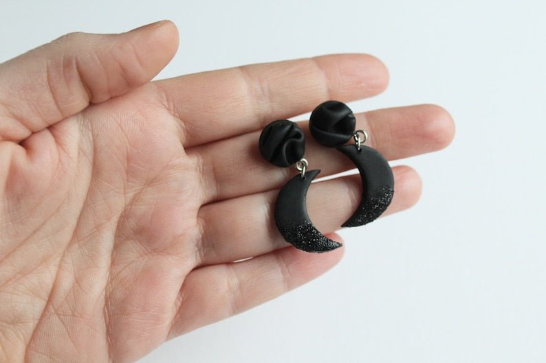 Half Moon Earrings, Polymer Clay Earrings, Black with black glitter - Studio Niani