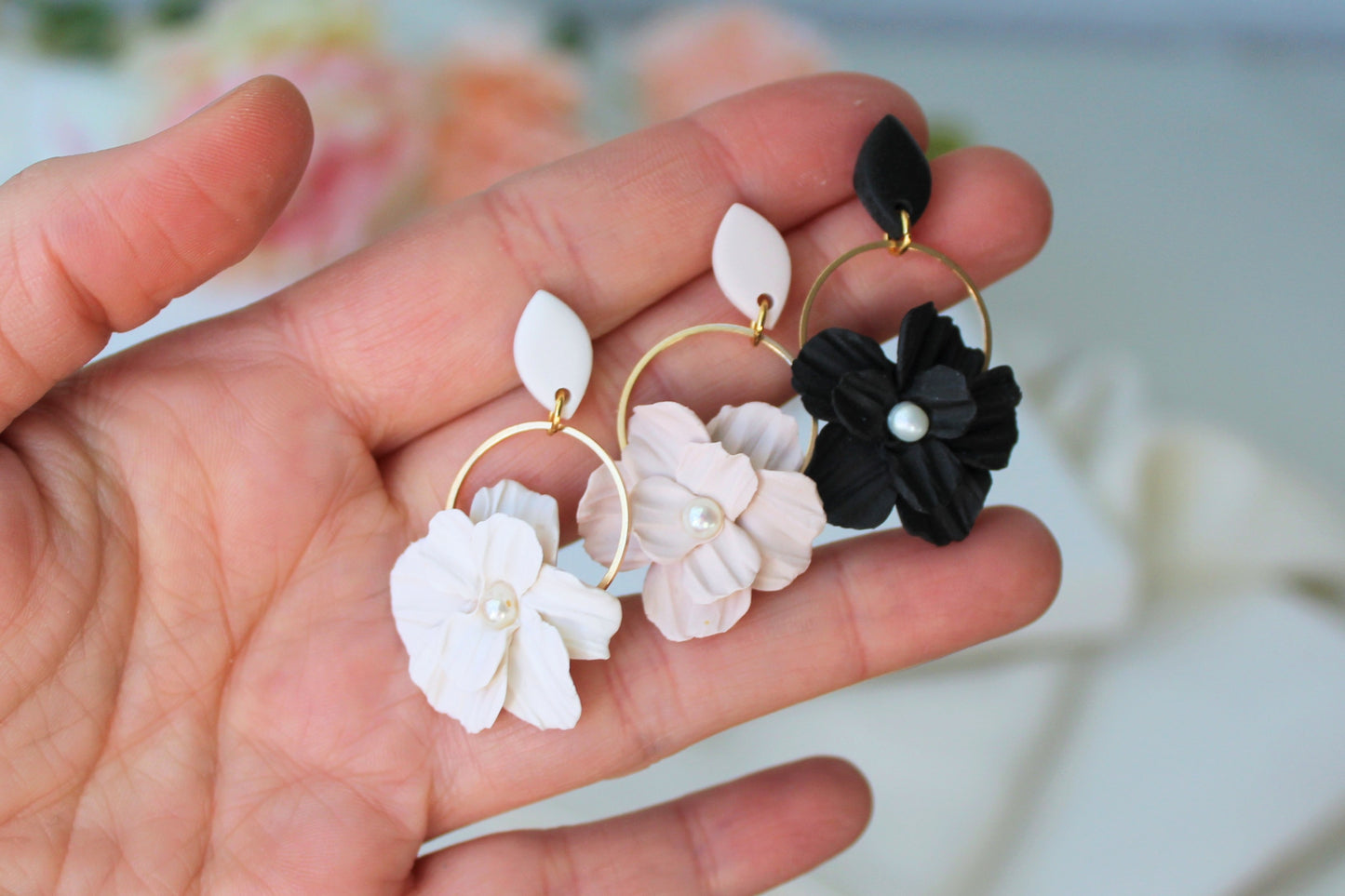 Flower Earrings, Polymer Clay Earrings, Neutral, Beige, White, Black Earrings