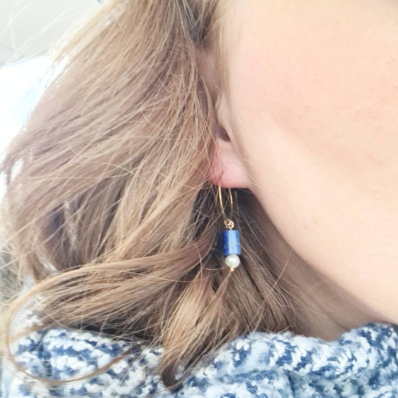 Hoop Earrings with Gemstones and Freshwater Pearls, Lapis Lazuli, Purple Kunzite, Canadian Jade - Studio Niani