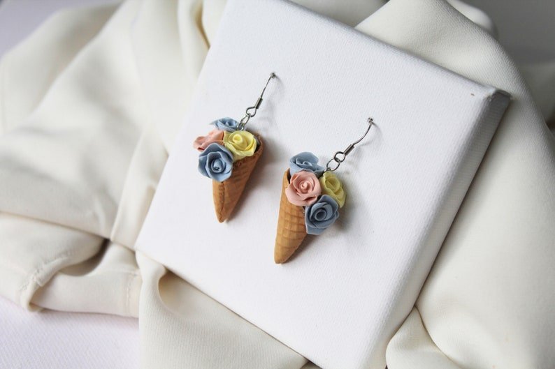 Ice Cream Earrings, Floral Polymer Clay Earrings, Cute Ice Cream and Roses - Studio Niani