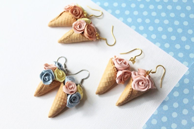 Ice Cream Earrings, Floral Polymer Clay Earrings, Cute Ice Cream and Roses - Studio Niani