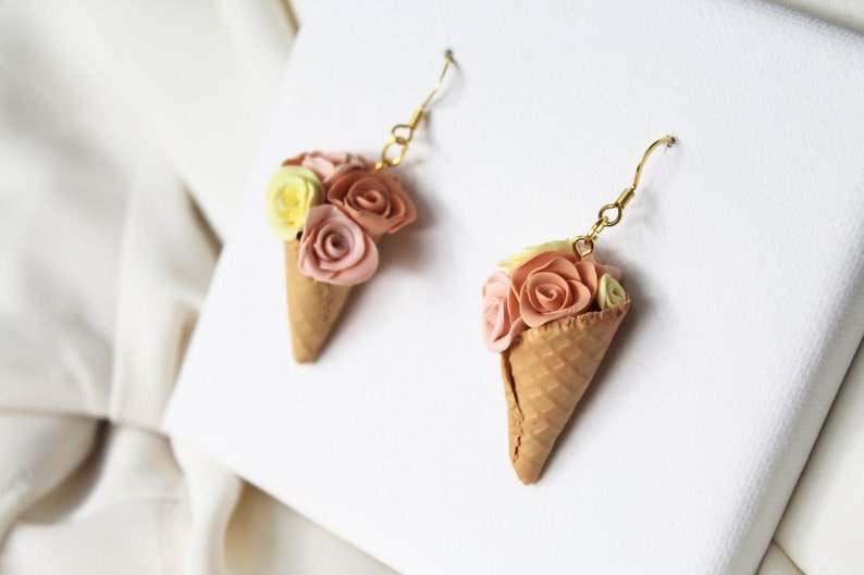 Ice Cream Earrings, Floral Polymer Clay Earrings, Cute Ice Cream and Roses - Studio Niani