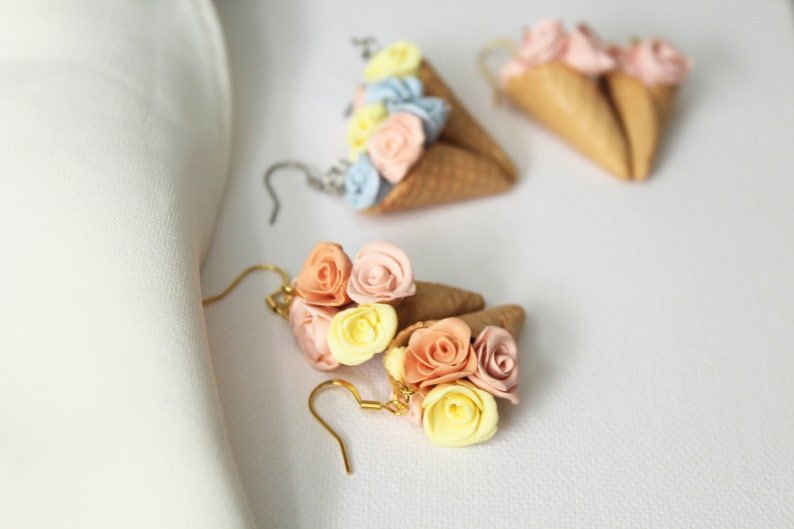 Ice Cream Earrings, Floral Polymer Clay Earrings, Cute Ice Cream and Roses - Studio Niani