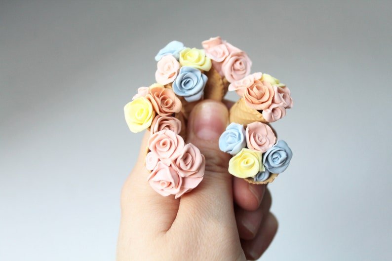 Ice Cream Earrings, Floral Polymer Clay Earrings, Cute Ice Cream and Roses - Studio Niani