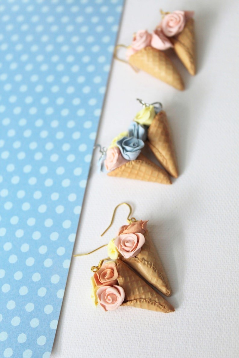 Ice Cream Earrings, Floral Polymer Clay Earrings, Cute Ice Cream and Roses - Studio Niani