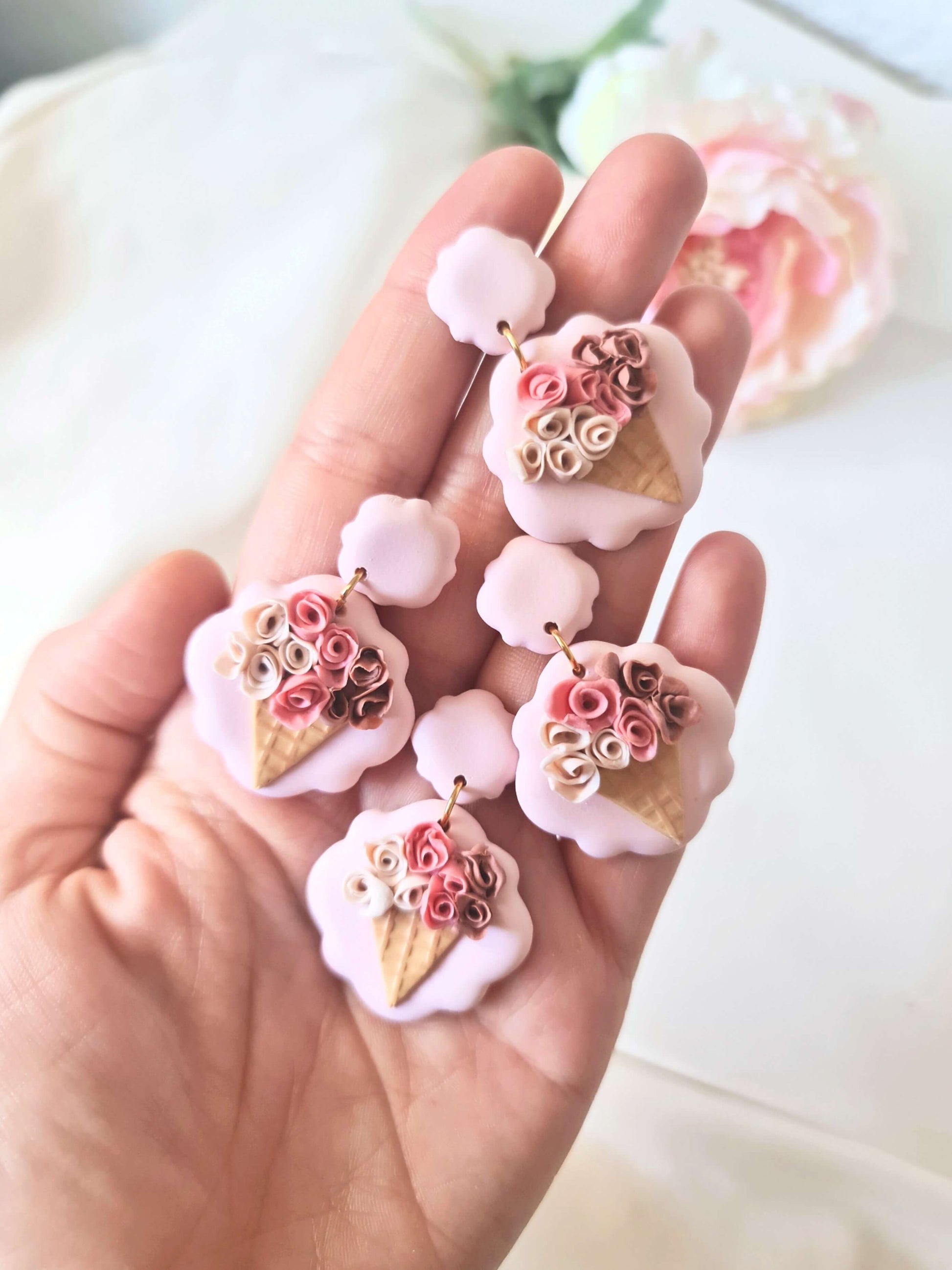 Pink Clay Rose Earrings Ice Cream Earrings, Rose Earrings, Polymer