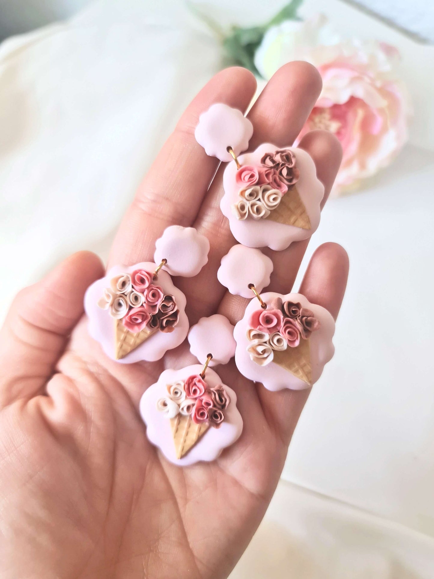 Ice Cream Earrings, Rose Earrings, Polymer clay, Pink, Beige and Brown
