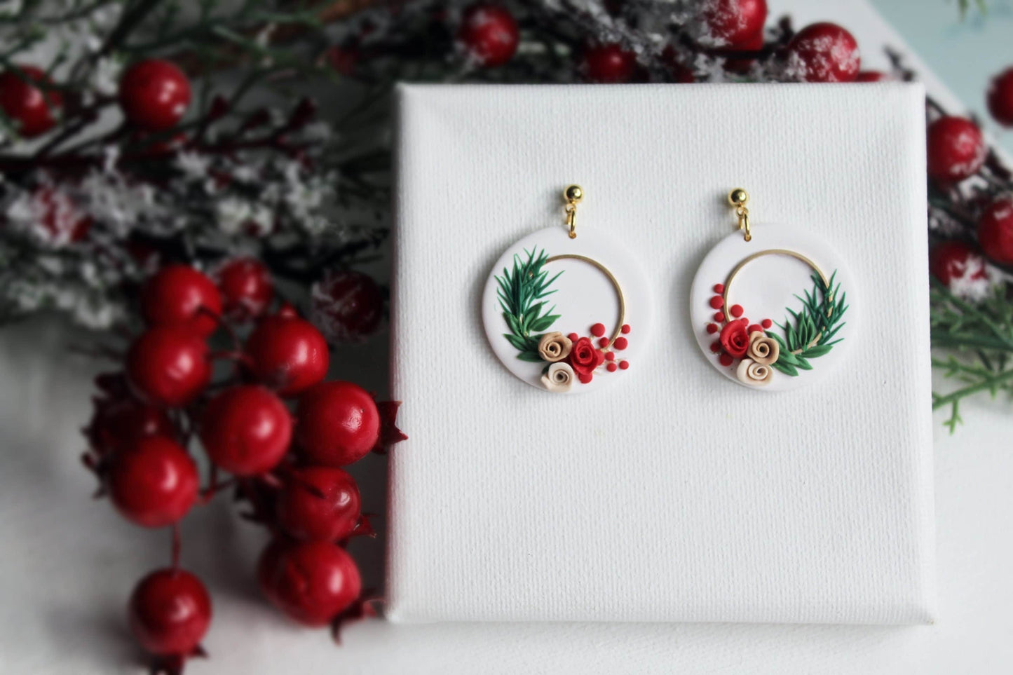 Winter Earrings, Polymer Clay Earrings, Christmas Earrings, Statement Earrings, Wreath Earrings, Holiday Earrings, Clay Earrings, Handmade