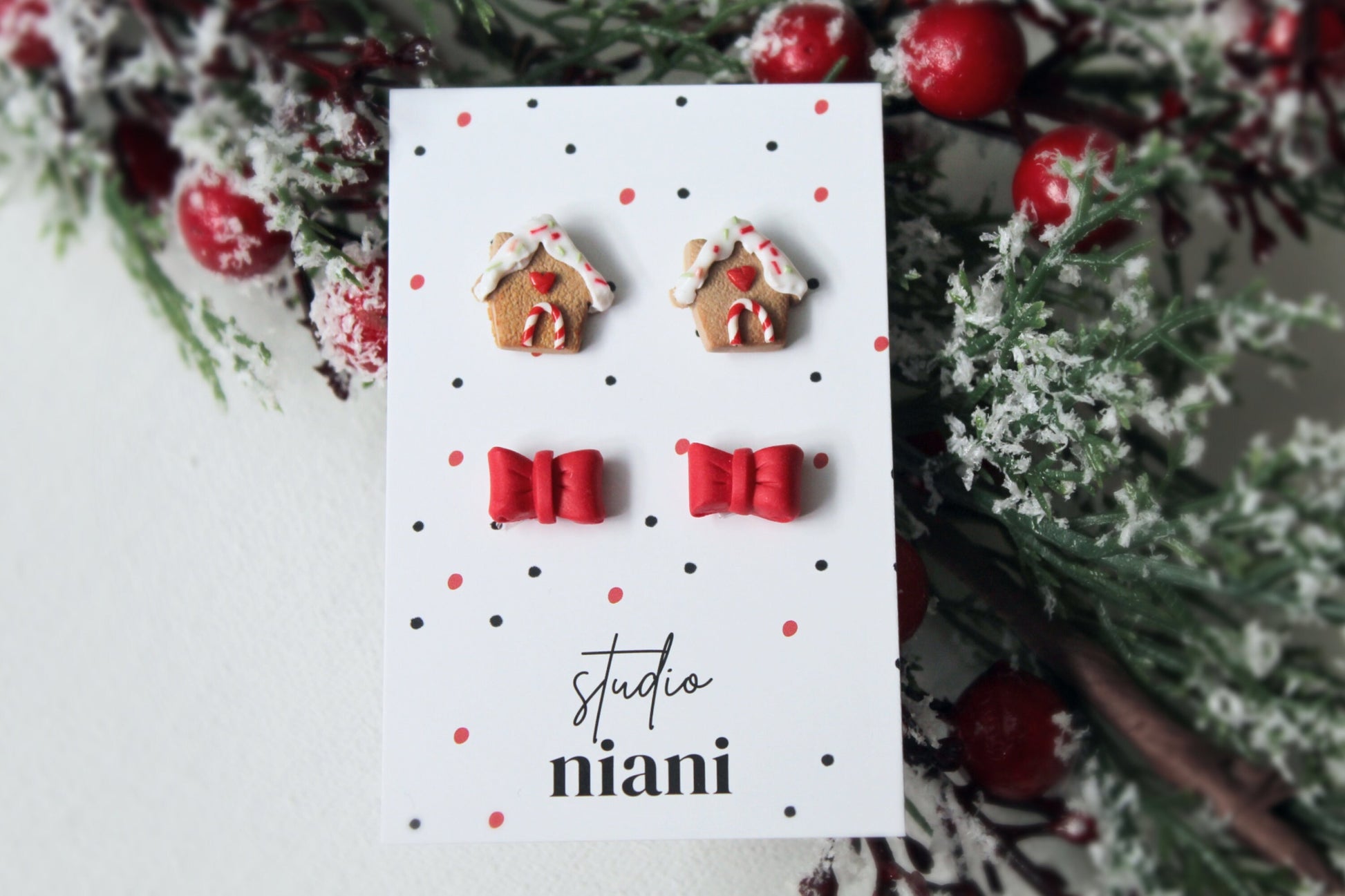 Stud Earrings, Christmas Earrings, Gingerbread House Earrings, Bow Stud Earrings, Polymer Clay Earrings, Gingerbread Earrings Clay, Handmade