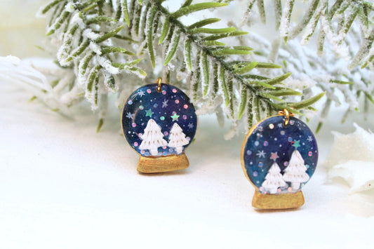 Christmas Earrings, Snow Globe Earrings, Winter Earrings, Polymer Clay Earrings, Holiday, Snow Earrings Clay, Handmade, Snow Globe Christmas