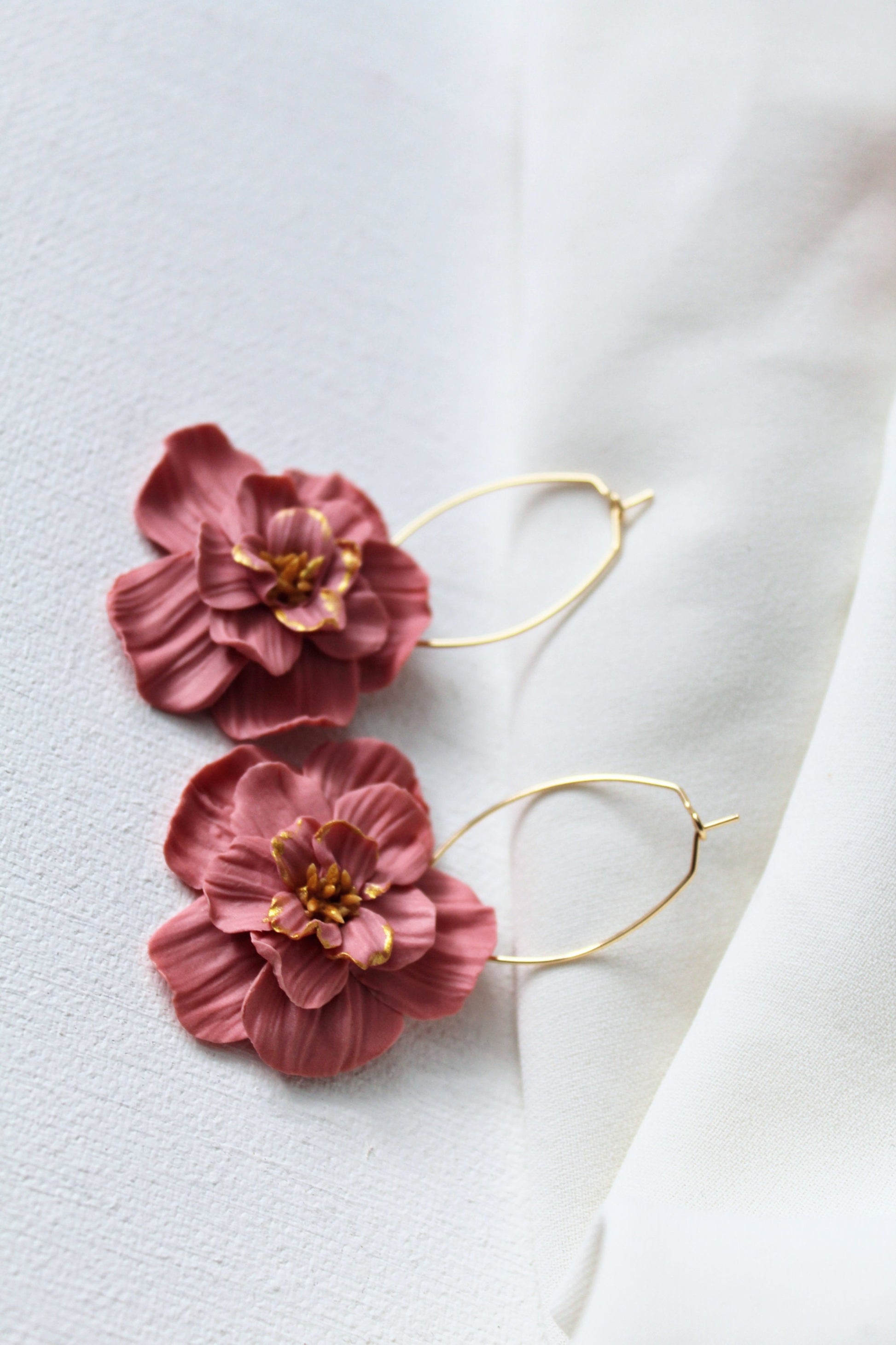 Flower Hoop Earrings, Hoop Earrings, Clay Earrings, Floral Earrings, Pink, Hoops, Spring Earrings, Statement Earrings, Handmade, 18k gold