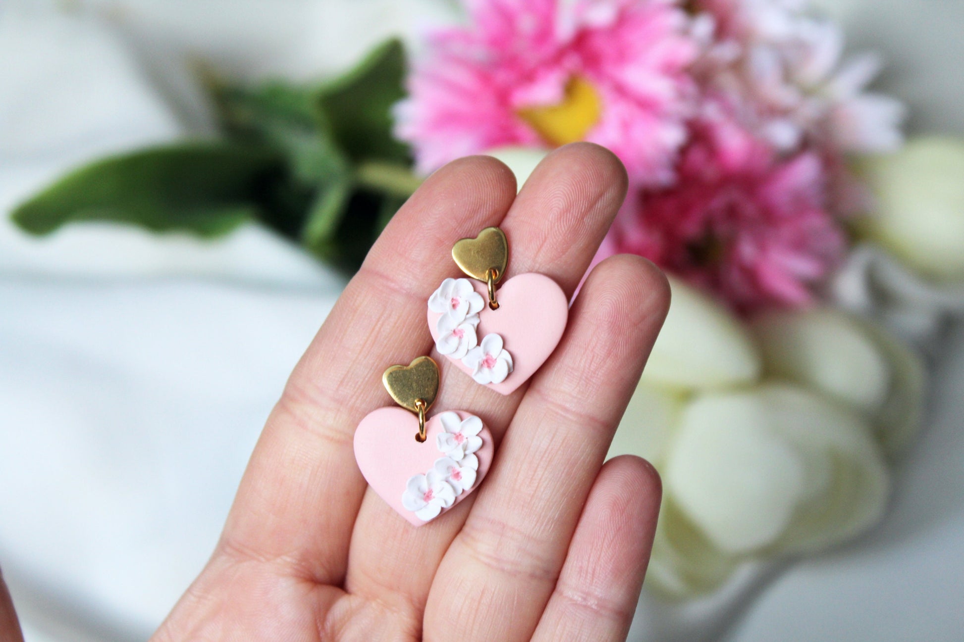 Heart Earrings, Valentine's Day Earrings, Polymer Clay Earrings, Clay Earrings, Floral Earrings, Cute Earrings, Pink, Handmade Jewelry, Gift