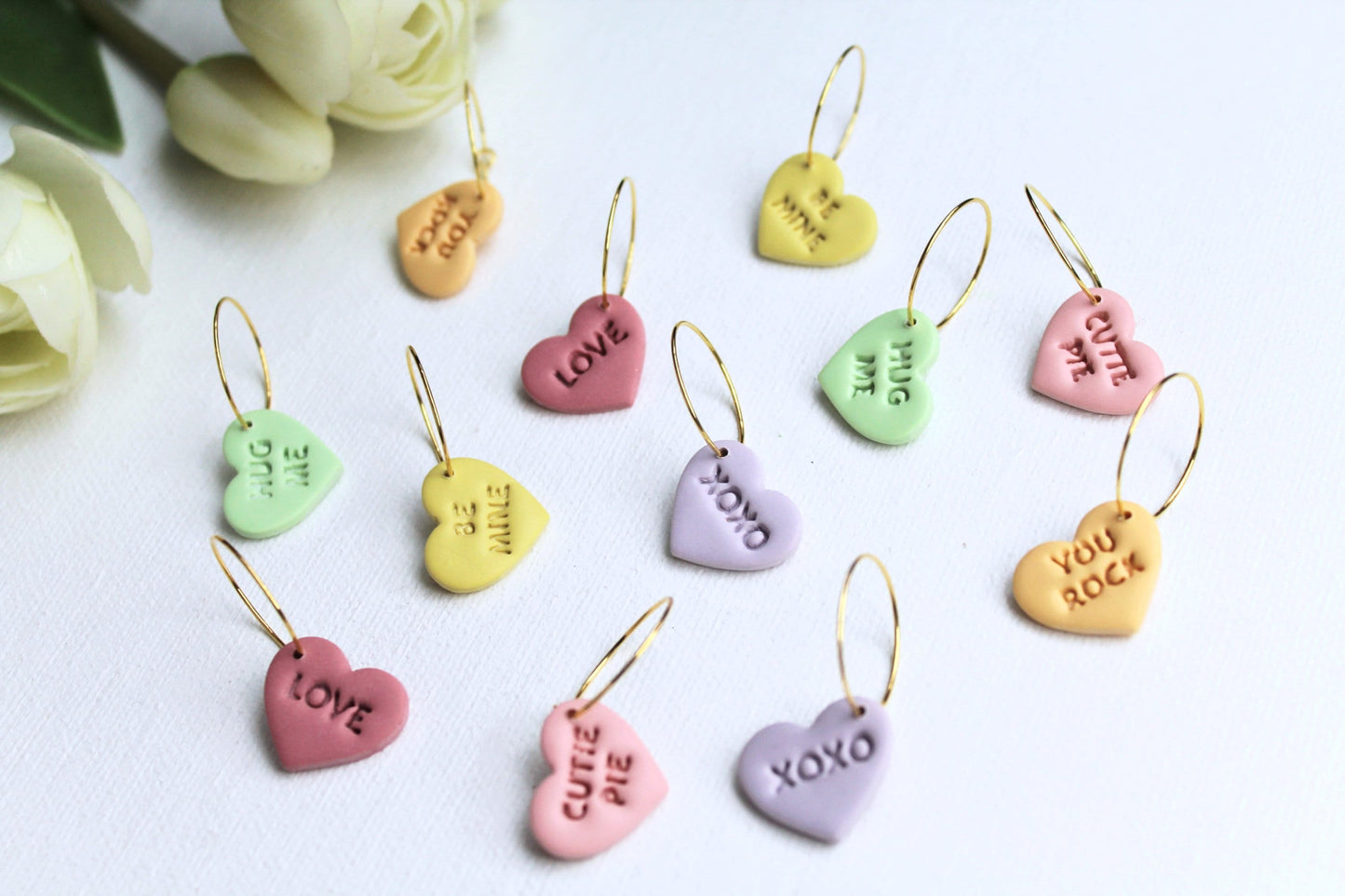 Valentine's Heart Earrings, Hoop Earrings, Conversation Hearts Earrings, Polymer Clay Earrings, Candy Earrings, Handmade, Gift for Her,Love